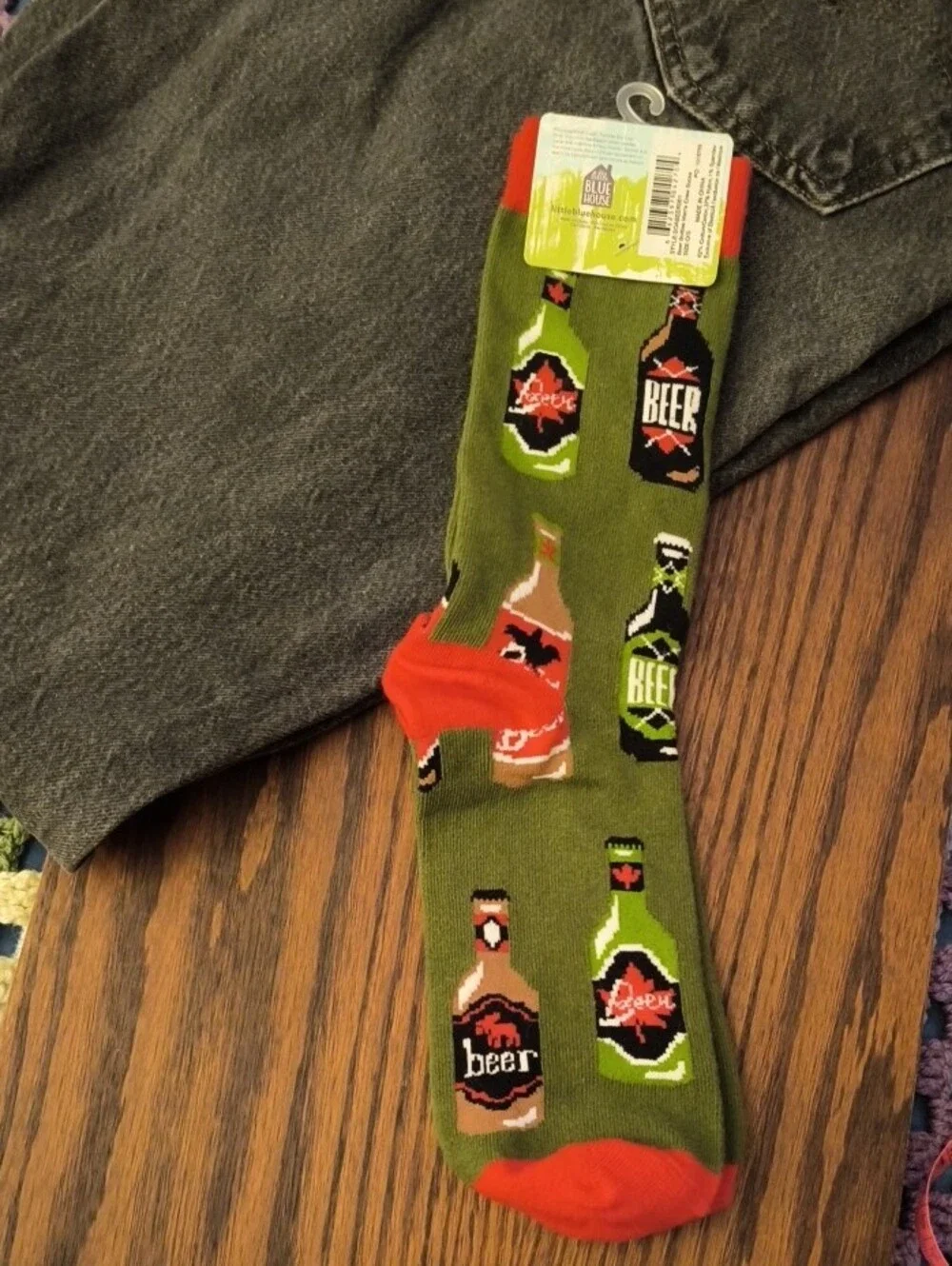 Men's Olive Green Beer Bottle Crew Socks with Orange Accents